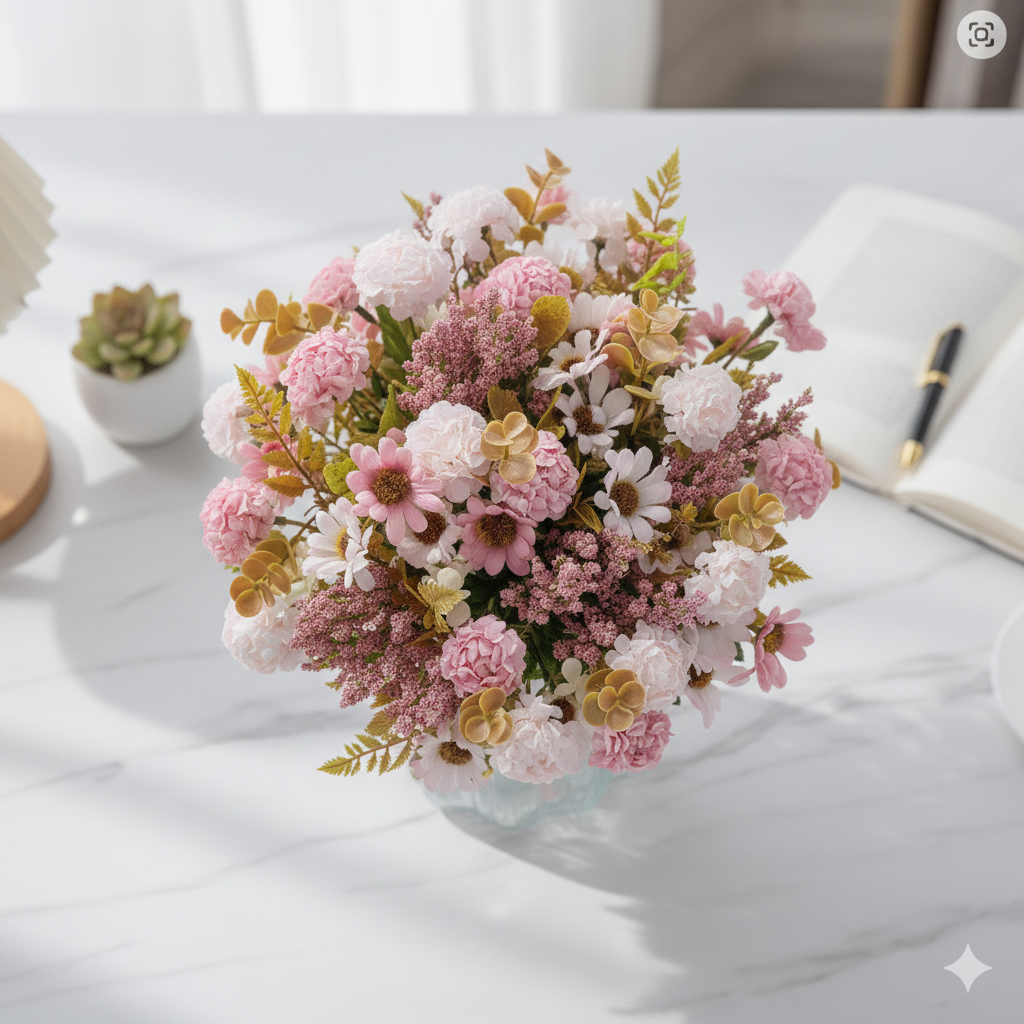 Gedetailleerde close-up van een realistisch kunstboeket met pastelroze bloesem, witte madeliefjes en groen blad.