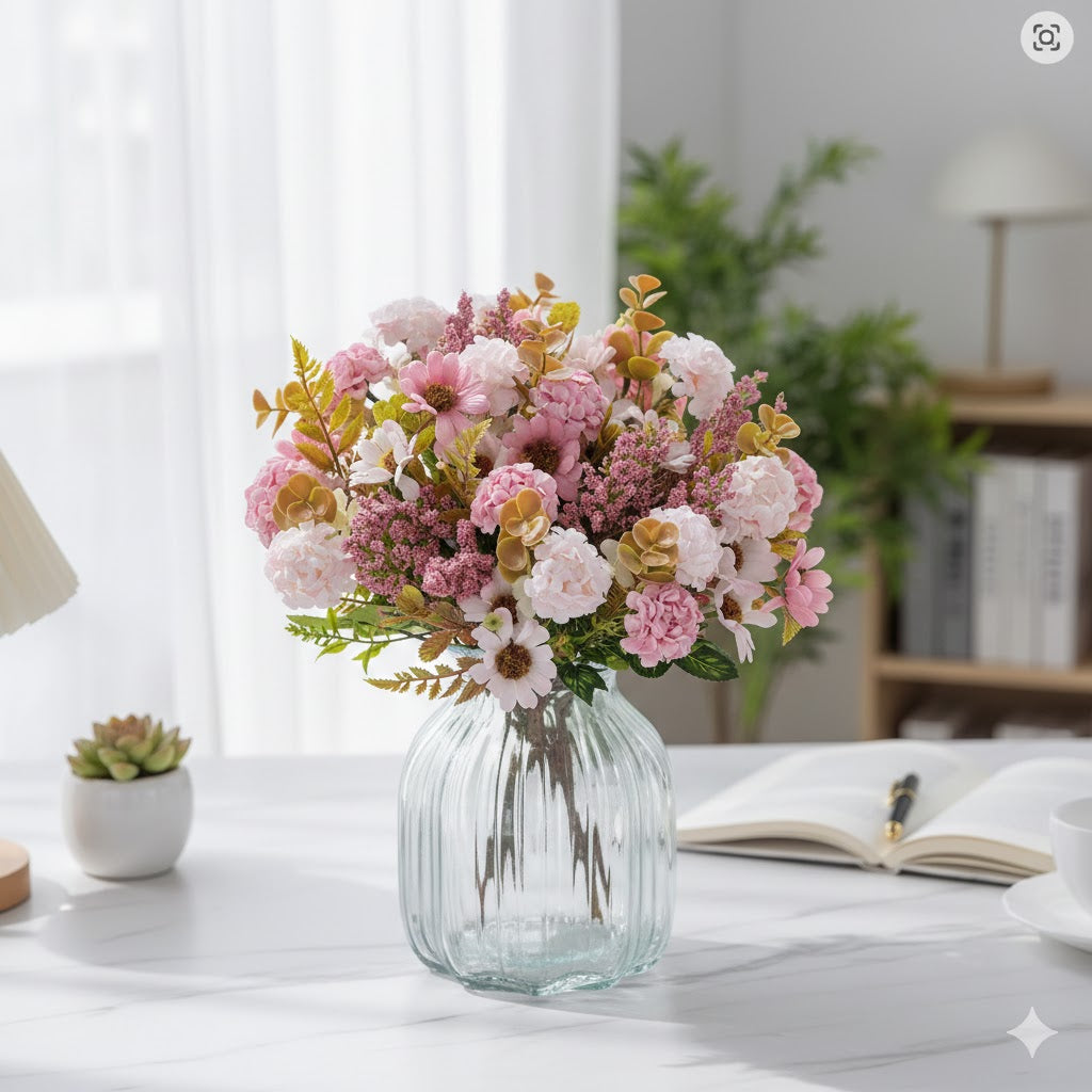 Handgebonden luxe kunstboeket met roze en witte bloemen in een glazen vaas op een marmeren tafel in een licht interieur.